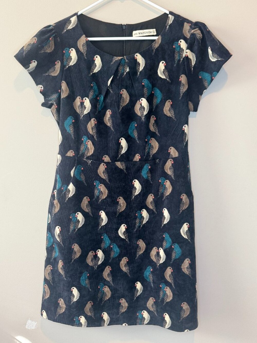 sm Wardrobe Navy Blue Black Dress Birds Corduroy XL Retro Fit and Flare